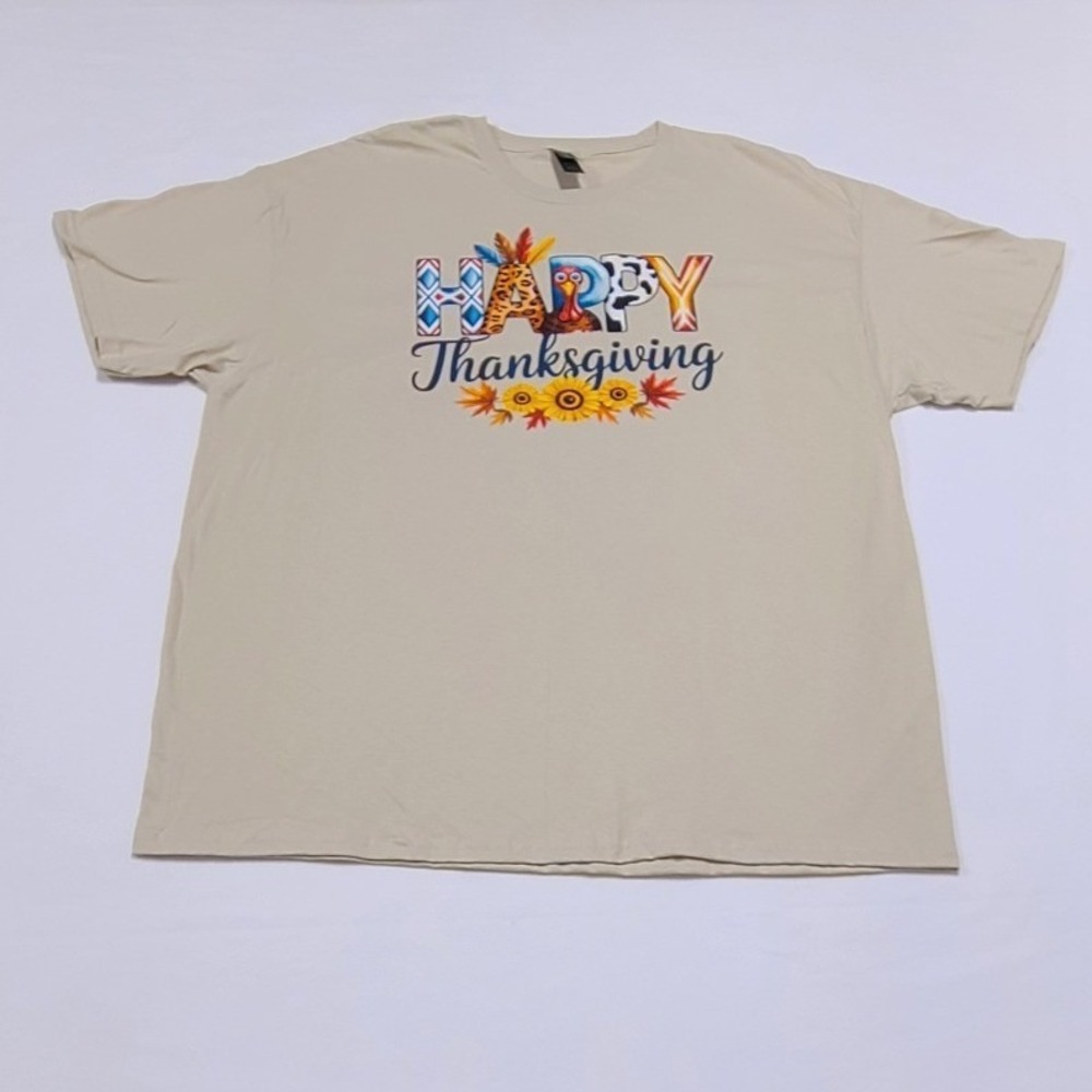 Gildan Happy Thanksgiving Graphic Tee Tan Short Sleeve Cotton XL Womens